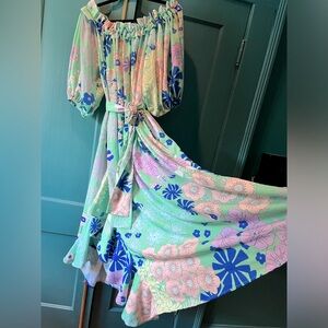 Anthropologie dress, vibrant floral design, size XL, brand OOPSCOOL for Anthro